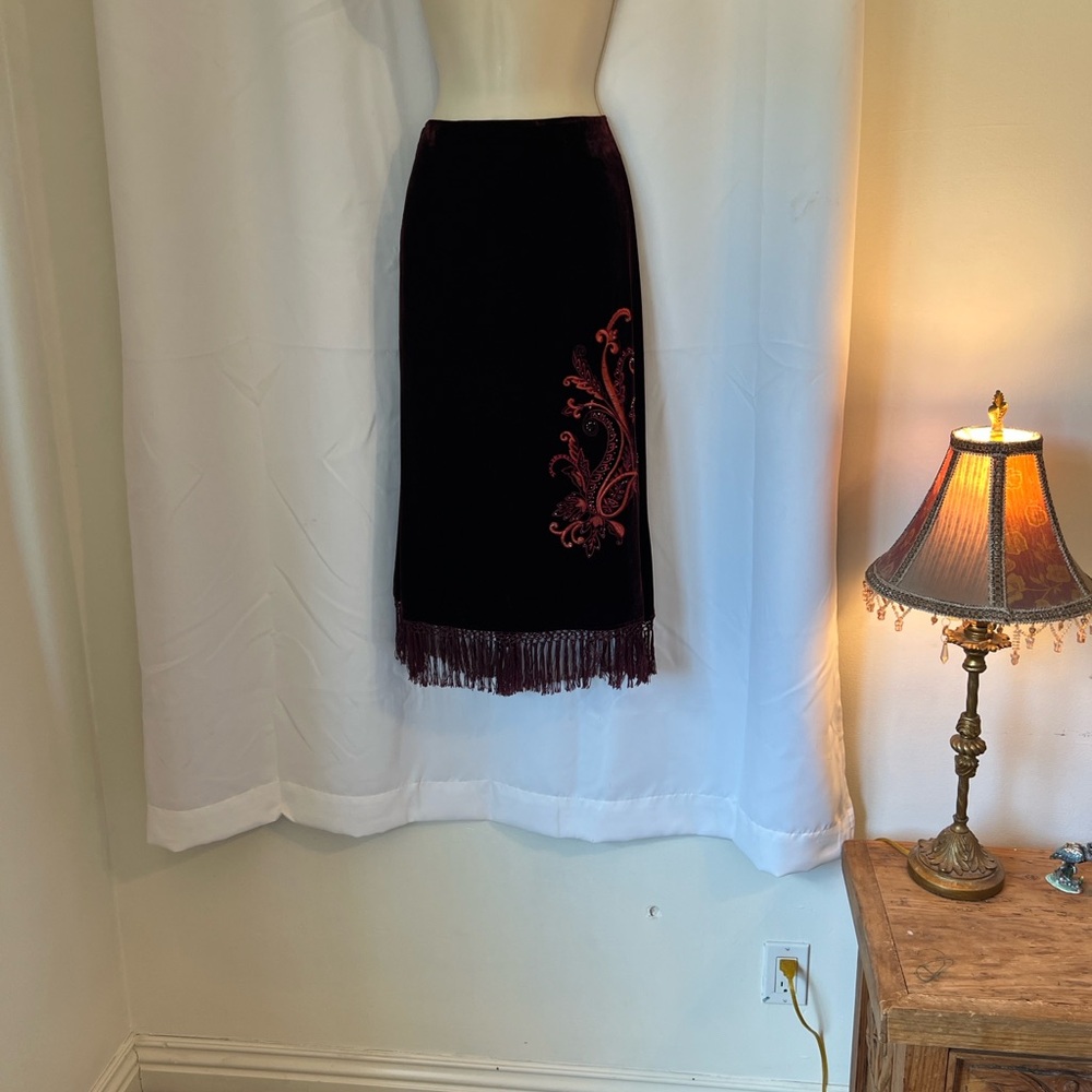 Burgundy Velvet Finity Studio Midi Skirt with Embroidered Detail and Fringe Trim